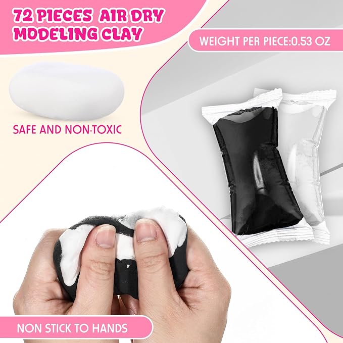 WinnerWhy 72 Pcs 38oz Air Dry Clay Modeling Magic Ultra Light Modeling Clay for Kids DIY for Sculpting Air Dry School Gift(White, Black)
