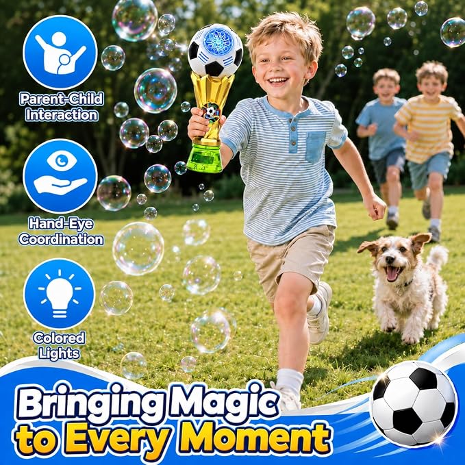 Bubble Machine for Kids, Light up Bubble Wands with 2 Solutions, Outdoor Toys for Kids Ages 3-5 4-8, Soccer Toys for Boys, Birthday Party Gift for 3 4 5 6 7 8 Years Old Boys and Girls