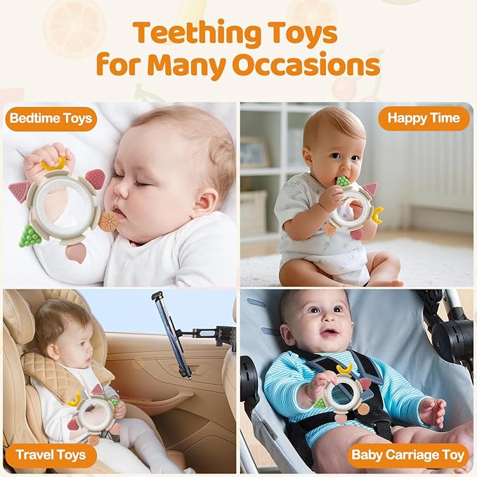 Baby Teething Toys for Babies 3-6 Months, Teething Rings for Sore Gum Relief, Silicone Baby Teether Toys 6-12 Months, Sensory Chew Toy Infant Teether Baby Essentials Gift for Girls Boys, Brown