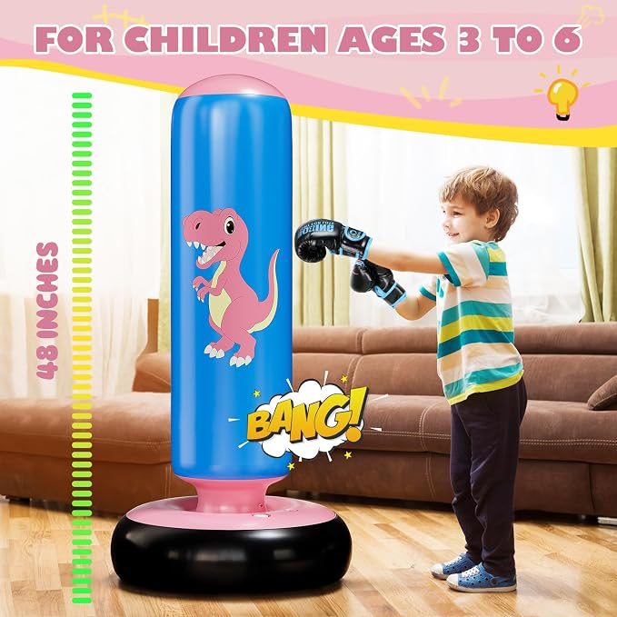 QPAU Inflatable Punching Bag, 48 Inch Stable Inflatable Boxing Bag for 3-6 Kids,Dinosaur Toy & Gifts for Boys and Girls, Kids Boxing Set for Practicing Karate, Taekwondo