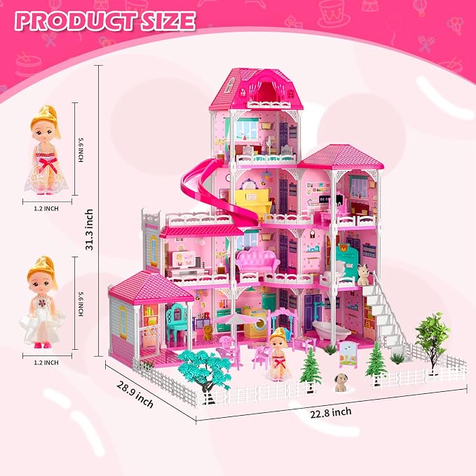 DIY Dollhouses for Girls - 4-Level 10-Room Villa with 2 Dolls, 4 Dogs & Rich Accessories, Dolls House Toys for Kids 4-8 Years Old