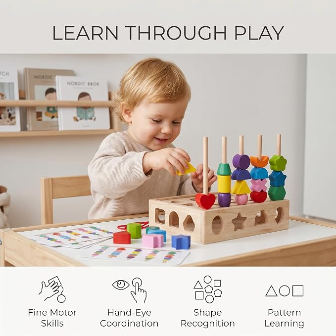 4 in 1 Montessori Wooden Shape Sorter Toy, Color Sorting Stacking Sequencing and Lacing Beads with Pattern Cards, Fine Motor Skills Learning Toy for Toddlers Preschool Boys Girls