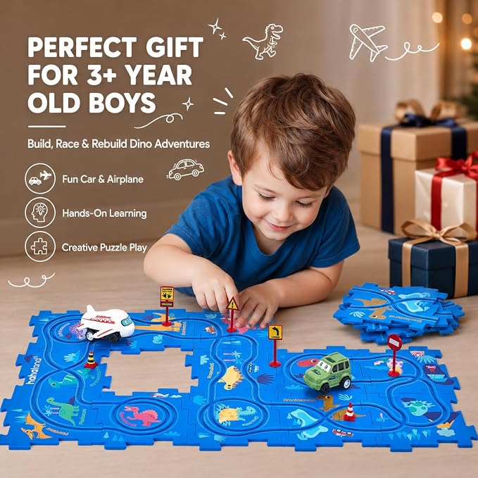 hahaland Dinosaur Race Track for 3+ Year Old Boys, Puzzle Racer Car Track Set with Airplane & Car, Toddler Puzzle Racetrack, Educational Car Puzzle Toy, Gift for 3 Year Old Boys