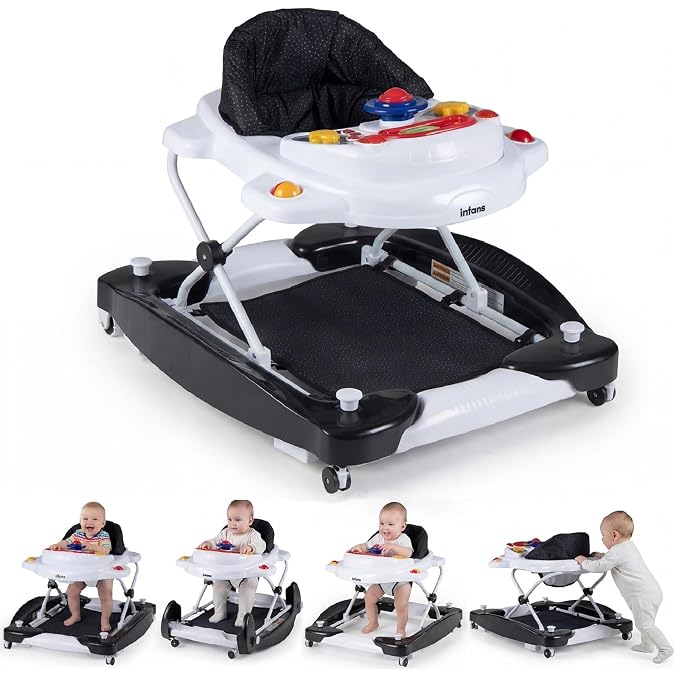 INFANS Baby Walker, 5 in 1 Behind Walker Learning Seated Rocker Bouncer with Removable Music Tray, Adjustable Height, Washable Seat Cushion, Foldable Activity Center for Toddlers (Dark)