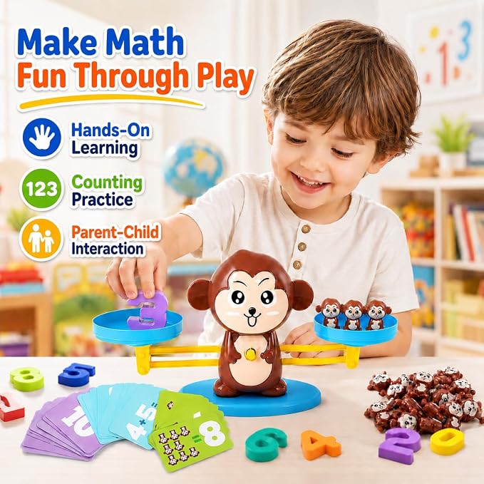 CozyBomB™ Monkey Scale Balance Counting Toys Math Games STEM Preschool Educational Toys for 3 4 5 Year olds Math Educational Kindergarten Number Learning Games Gifts for Boy Girl Birthdays Christmas