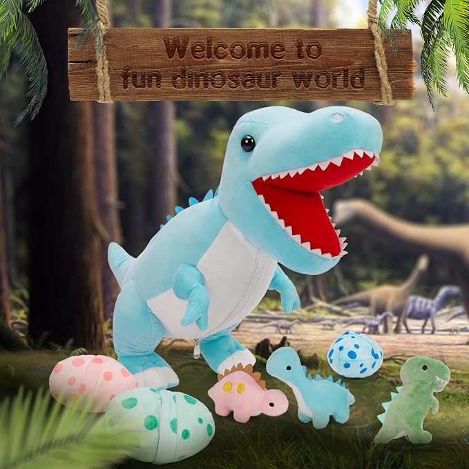 MorisMos Dinosaur Stuffed Animal with Babies,23.6'' Big Mommy Stuffed Dino T-rex with 3 Baby Dino Stuffed Toys & 3 Eggs Plush Inside Belly, Boy Girl Dinosaur Toys for Kid 3-5,Blue T-rex Toys Gift