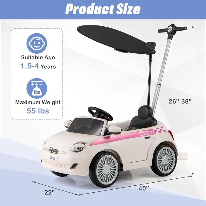 OLAKIDS Push Car for Toddlers, 3 in 1 Licensed Fiat 500e Baby Sliding Walking with Parent Control Handle Adjustable Canopy Footrest, Kids Ride on Toys with Horn for Boys Girls (White)