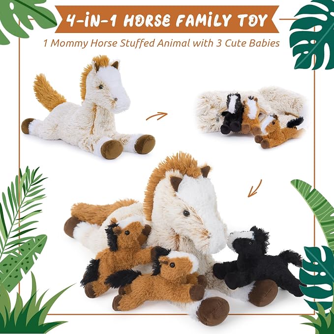 Tezituor 4Pcs Horse Stuffed Animal Set, 21inches Large Mommy Stuffed Horse with 4 Babies Pony Toys, Brown Stuffed Pony Plush Pillow for Boys Girls Birthday Gift Decoration