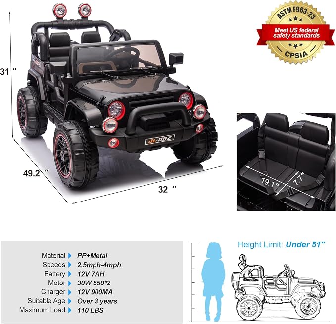 Fitnessclub Electric Cars for Kids, 12V Powered Kids Ride On Car with 2.4 GHZ Bluetooth Remote Control, LED Lights, MP3 Player, 3 Speeds, Waterproof Cover (Black)