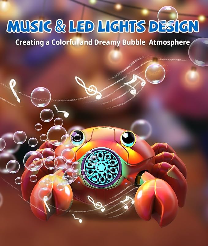 360° Crawling Crab Bubble Macine, Obstacle Avoidance, Music & LED Light | USB-C Rechargeable Tummy Time Toy, 3 Separate Buttons Control Bubbles, Movement & Music, Gift for 3+ Toddlers, Boys, Girls