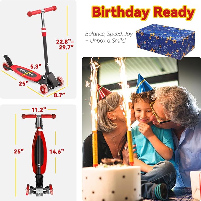 Scooter for Kids Ages 3-5, LED Light Up 3 Wheel Toddler Scooter with 4 Adjustable Heights, Lean-to-Steer Wheels, Safe Metal Brake, Foldable Kick Scooter for Boys Girls, Support 120 lbs, Birthday Gift
