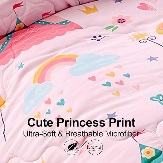 Wajade Kids Pink Princess Comforter Set Bed in A Bag Full Size 7 Piece Princess Fairy Tales Castle Bedding Set for Girl (1 Comforter, 1 Flat Sheet, 1 Fitted Sheet, 2 Pillowcase and 2 Pillow Sham)