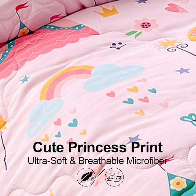 Wajade Kids Pink Princess Comforter Set Bed in a Bag Twin Size 7 Piece Princess Fairy Tales Castle Bedding Set for Girls (1 Comforter, 1 Flat Sheet, 1 Fitted Sheet, 2 Pillowcase and 2 Pillow Sham)