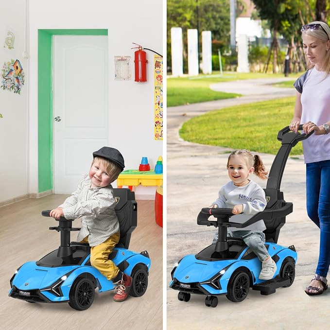 INFANS 3 in 1 Ride on Push Car, Licensed Lamborghini Baby Sliding Walking Car with Parent Control Handle, Music, USB, Headlight, Under Seat Storage, Foot-to-Floor Toy for 18-60 Months (Blue)