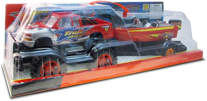 Mozlly Monster Truck Toys Set with Trailer Toy Boat - Friction Powered Hauling Truck and Trailer Toy, Big Toy Monster Truck with Boat, Adventure Truck Pulling Boat Toy Monster Trucks for Kids - 9 Inch