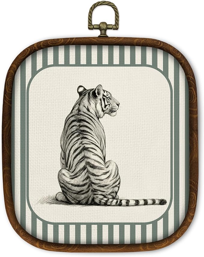 WULQYING Vintage Sitting Tiger Wall Art Decor, Retro Animal Theme Square Framed Canvas Art Prints, Modern Tiger Gifts Wall Hanging Decor for Gallery Home Living Room Apartment, 5.7x6.5 Inches