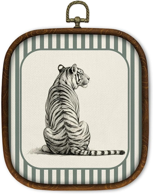 WULQYING Vintage Sitting Tiger Wall Art Decor, Retro Animal Theme Square Framed Canvas Art Prints, Modern Tiger Gifts Wall Hanging Decor for Gallery Home Living Room Apartment, 5.7x6.5 Inches