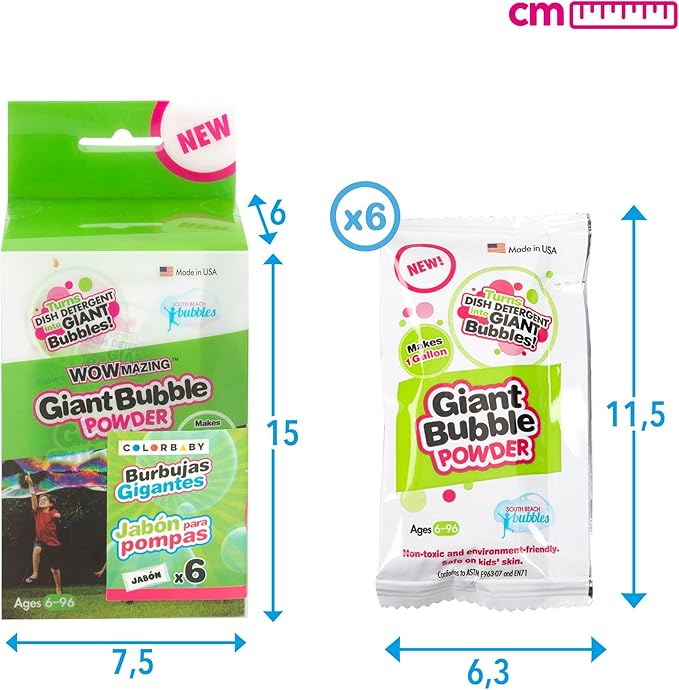 WOWmazing Big Bubble Refill Powder Mix (6 Packets) - Turns Dish Detergent into Giant Bubbles. Makes 6 GALLONS! - Made in USA