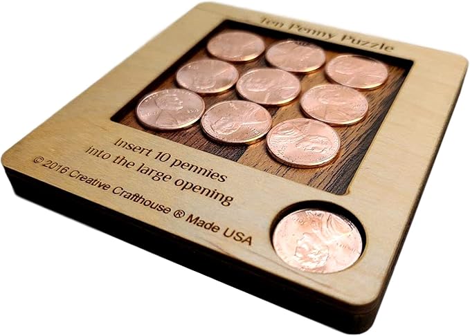 Creative Crafthouse 10 Penny Puzzle, Wood Coin Brain Teaser for Adults | Pack every penny flat into the tray. A coffee table and executive office challenge, gift ready for collectors