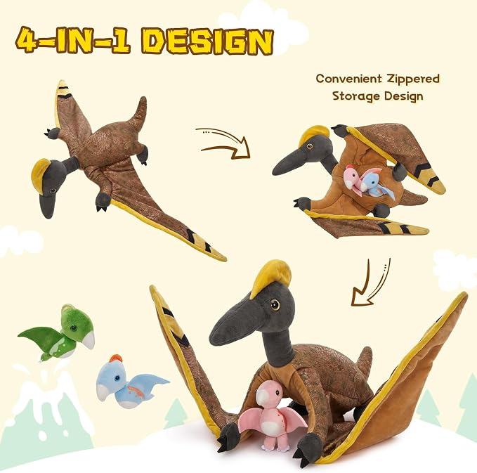 MaoGoLan 4 Pcs Pterodactyl Stuffed Animal with 3 Babies Inside Belly, 37 inch Pterodactyl Plush for Kids Giant Dinosaur Toy Dino Squad Party Favors Decorations Christmas