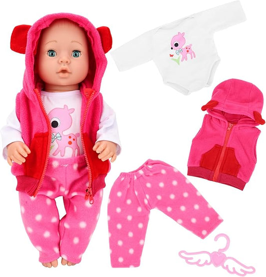 4 PCS Baby Doll Clothes and Accessories for 14-16 Inch Born Baby Dolls 1 Pink Hooded Vest with Pants T-Shirt and 1 Hanger Outfit Clothing Set for Dolls