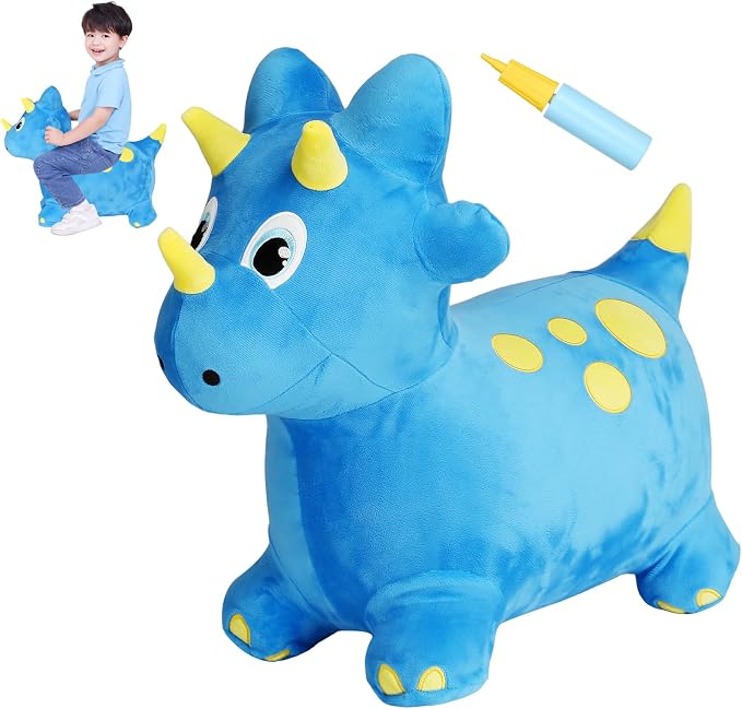 INPANY Bouncy Horse, Dinosaur Hopper Toys, Toddler Plush Bouncing Animal, Dinosaur Birthday Party Decoration, Kid Inflatable Ride on Rubber Bouncer, Outdoor for 2 3 4 Yr Boy Girl Blue