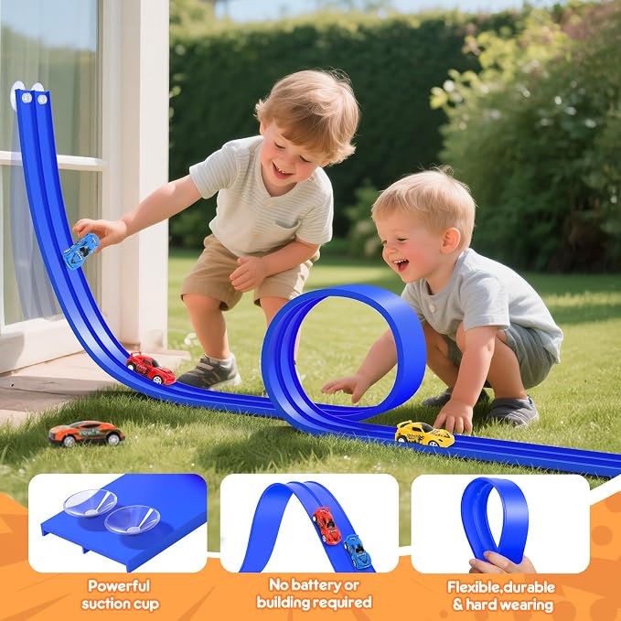 KETIEE Flex Tracks 16 Ft for Kids, Flexible Race Car Ramp Track with 2 Small Racecars and 4 Suction Cups Compatible with Diecast 1/64th Cars,Rolls Up Portable Racetrack for Ages 3 & Up
