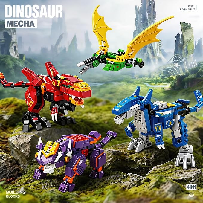 4-in-1 Dinosaur Mecha Robot Building Block Set, 4 Animal Shapes Transformable Mech, Cool Creative Robot Toy Gift, Suitable for Boys & Kids Over 6 Years Old(904 PCS)