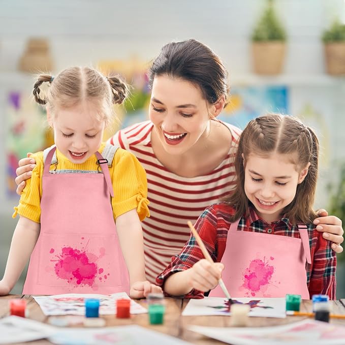 12 Pack Kids Apron Bulk with 2 Pockets Adjustable Chef Art Apron Kids Painting Aprons for Cooking Baking Painting Crafting Grilling Activity（Pink）