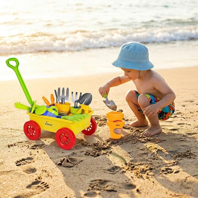 Dimple Kids Garden Wagon and Tool Set 15 Piece Toddler Gardening Playset with Plastic Garden Tools and Wagon Outdoor Play Toys for Yard Beach Sandbox Kids Gardening Kit for Boys and Girls Pretend Play