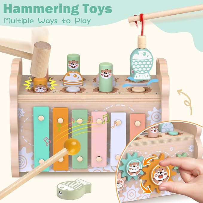 Weilim Montessori Toys for 1 Year Old, 3-in-1 Wooden Hammering & Ramp Toy | Shape Sorter, Stacking Blocks & Xylophone Build Fine Motor Skills; A Screen-Free First Birthday Gift, Boy or Girl