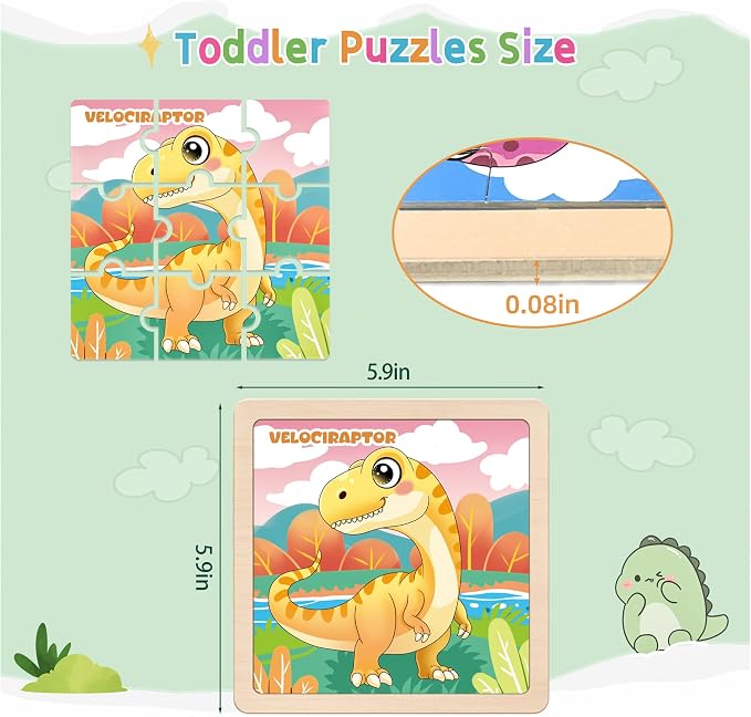 Wooden Dinosaur Puzzles for Toddlers, 8 Pack 9 PCS Jigsaw Puzzles for Kids, Wooden Puzzles for Toddlers 3-5, Dinosaur Toys for Kids 3-5, Preschool Puzzles Learning Educational Sets Toys