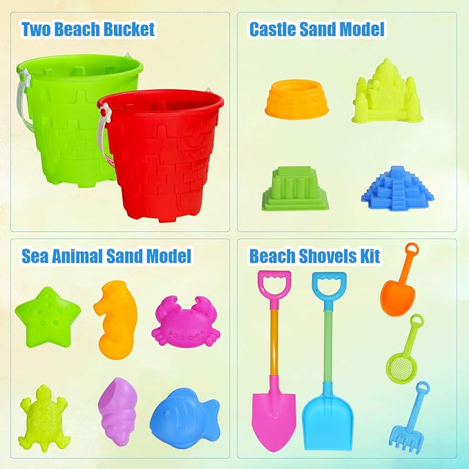 17 Pcs Beach Toy Set for Kids - Includes Bucket, Molds, Shovel, Rake, Sifter & Castle Toys - Sand Bucket and Shovel for Boys and Girls