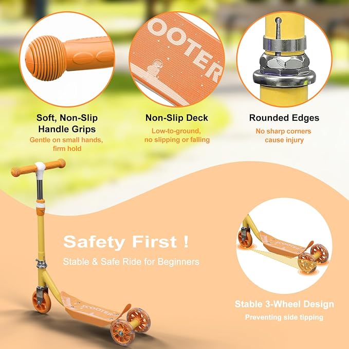 Kids Scooter: LED Lighted 3 Wheel Scooters for Kids 2-5,3 Adjustable Height Handlebar, Anti-Slip Deck,Heavy Duty Metal Scooters for Boys Girls Ages 3-5, up to 110 Lbs,Toddler Kick Scooter 2 Year