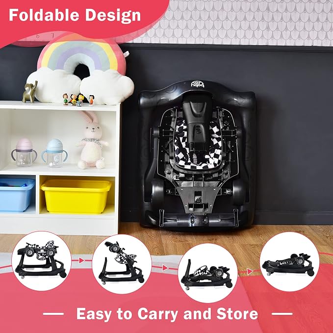 BABY JOY 4-in-1 Baby Walker, Foldable Activity Walker with Adjustable Height & Speed, Music, Lights, Anti-Rollover, Toddler Push Walker, Baby Walker with Wheels for Boys Girls 6-18 Months (Black)