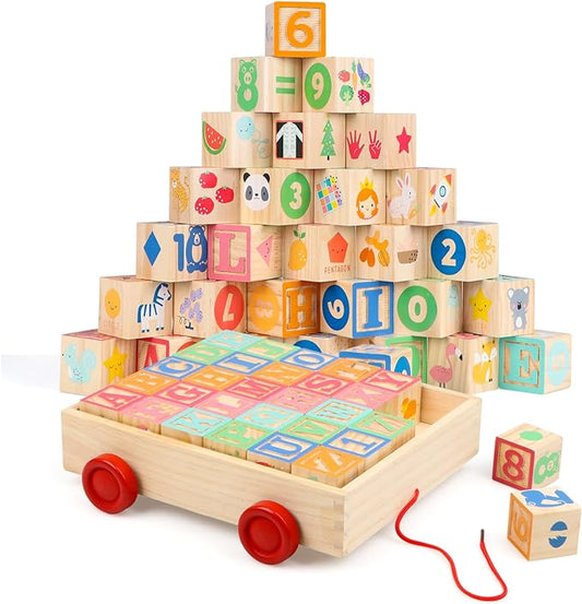 Wooden Building Blocks for Toddlers, Large Wood Baby Stacking Blocks Set for Kids, 30 PCS Alphabet Blocks with Toy Wagon, Educational Wooden Toys for Boys Girls Gifts 1.65"