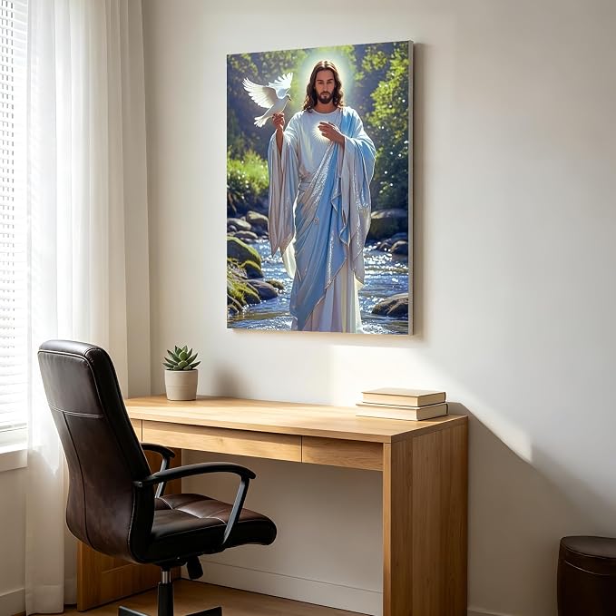 CHWGLFGG Jesus White Dove Diamond Painting Kit for Adults, Religious 5D Full Round Drill Diamond Art Beginners Canvas for Home Wall Decor, DIY Paint by Diamonds Dot Gem Craft12x16 Inch