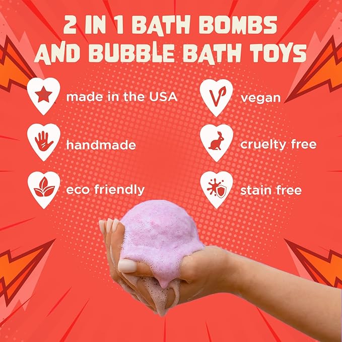 Superhero Bath Bombs for Kids with Surprise Toys Inside (6 Pack) - Large Bubble Bomb Fizzies for Boys, Girls, & Toddlers - Birthday Gift for Kids - Fruity Scent, USA Made by Two Sisters