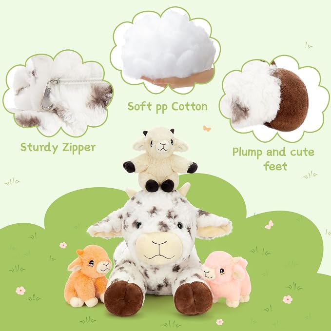 Tezituor Large Lamb Stuffed Animal Toys Sets, 22 Inch Mommy Spot Lamb Plush with 3 Cute Babies in Zippered Tummy,Soft Cuddly 4Pcs Sheep Stuffy,Farm Goat Plushie Gifts for Christmas Birthday Easter