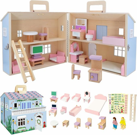 SIMPLIPLAY Wooden Dollhouse, DIY Portable Pretend Play Doll House Set with 4 Rooms, 13 Furnitures, 2 Dolls, 3 Sticker with 2 Styles, Enhance Creativity, Doll House for Kids Toddler Christmas Birthday