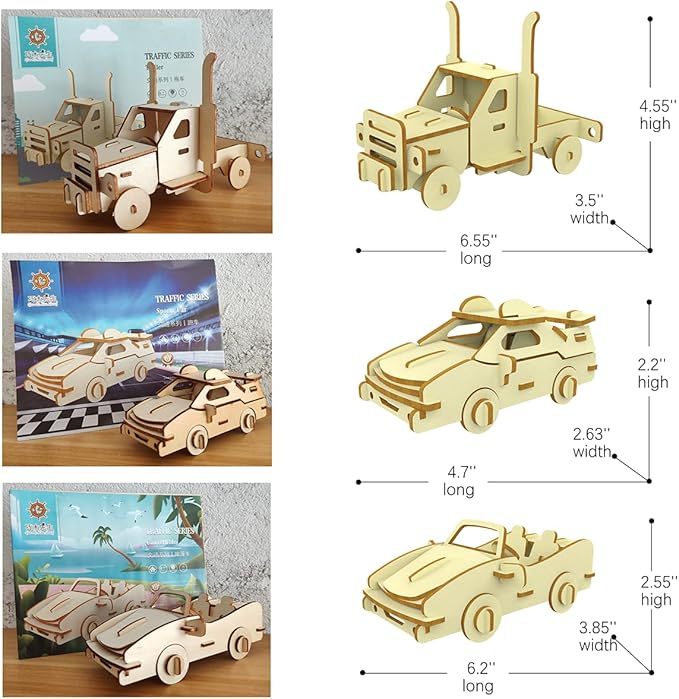 3D Wooden Puzzle - 6 Piece Set Wooden Car Brain Teaser Puzzle - DIY Assembly Car Building Model Kits - Wood STEM Gifts for for Adults & Teens Birthday Gifts Christmas