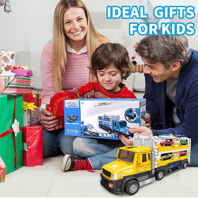 DOWELLIN 6 in 1 Transport Truck Toys for Kids, Police Trucks Carrier Cars with 6Pcs Metal Race Car with Light&Sounds, Toddler Vehicles Toys Gifts for Boys Girls Age 3 4 5 6 7 8-Yellow
