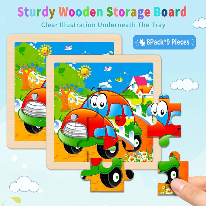 Wooden Puzzles for Toddlers 2-4, 8 Pack Vehicle Car Construction Jigsaw Puzzles for Kids Ages 3-5, 9 Pieces Puzzles for Kids Ages 4-6 Preschool Educational Toys Gift for Boys Girls