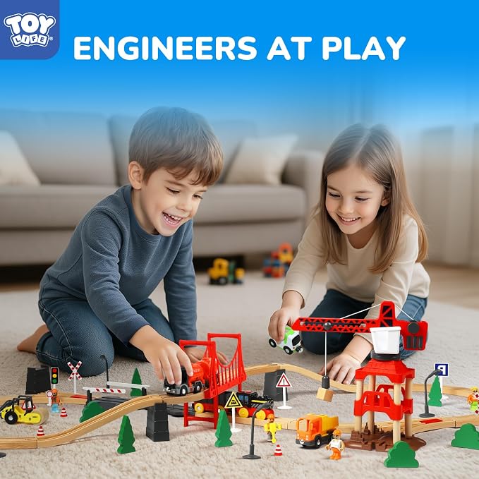 TOY Life Train Set 81pcs with Crane & Locomotive Train Toy, Wooden Train Tracks Toys for Toddlers Boys Girls 3 4 5, Wood Toys Gift Toddler Train for Kids 4-8 - Fits Thomas Brio Chuggington
