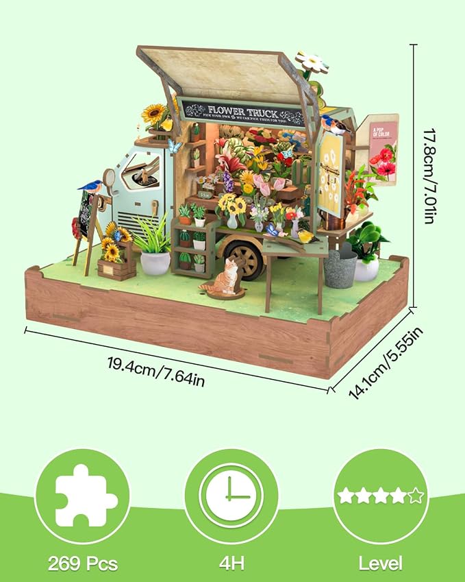 DIY Miniature House Kit Flower Cart, DIY Miniature Dollhouse Kit with LED Light Music for Room Bookshelf Decor, Tiny House Crafts for Adults, Birthday for Men Women Teens