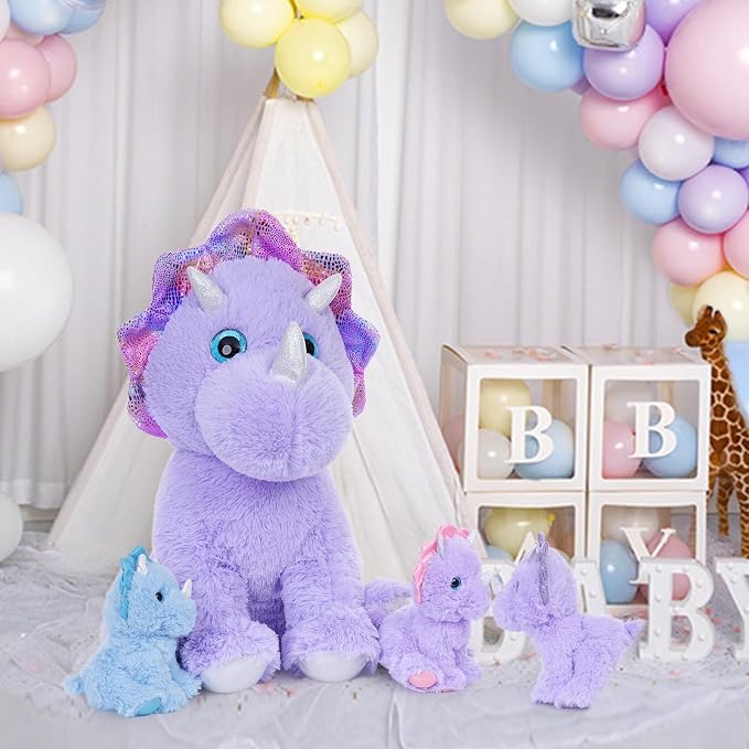 MaoGoLan Purple Triceratops Stuffed Animal, 21" Mommy Stuffed Dinosaur with 3 Babies, Soft Triceratops Plush Toy, Huggable Dinosaur Family for Room Decor, Christmas Birthday Gifts for Kids Boys Girls