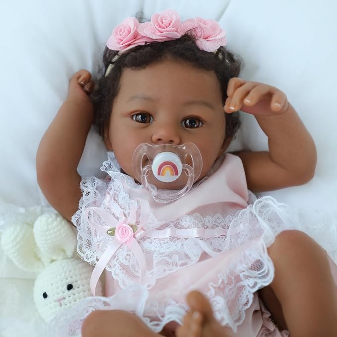 KSBD Reborn Baby Doll Black Girl – 18-Inch Realistic Lifelike African American Newborn Handmade Doll with Real Life Soft Weighted Body and Accessories – Gift Set for Kids Ages 3 and Up