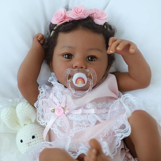 KSBD Reborn Baby Doll Black Girl – 18-Inch Realistic Lifelike African American Newborn Handmade Doll with Real Life Soft Weighted Body and Accessories – Gift Set for Kids Ages 3 and Up