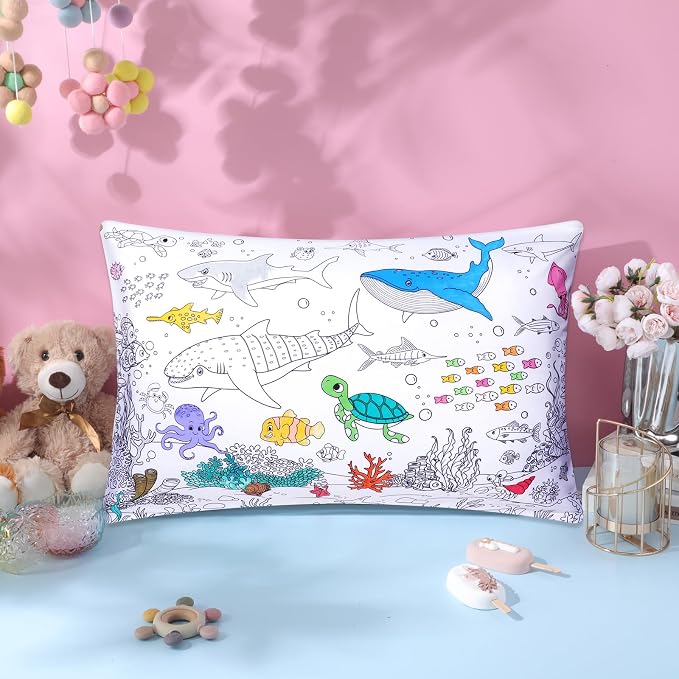 Mindsoft Coloring Craft Coloring Pillowcase Ocean Pillowcase with 12 Pcs Markers Pens for Decoration Supplies Craft, 28.7 x 19.7 Inch