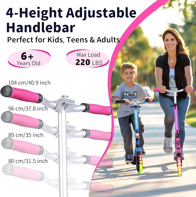 BELEEV V8 Scooters for Kids Ages 6+ with Light-Up Deck, 2 Wheel Folding Scooter for Kids, 4 Adjustable Height, Lightweight Sport Commuter Scooter, Sturdy Frame